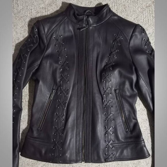 stunning! Michael Kors purple LEATHER jacket Coat size medium moto style - Picture 4 of 12